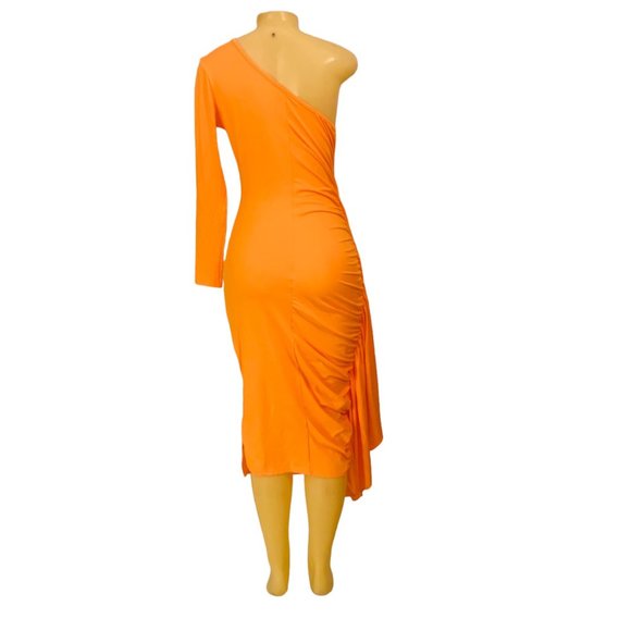 🔥2/$20 Women's Sexy Sz S Ruffle One Shoulder Dress Long Sleeve Split Ruched - Picture 3 of 4